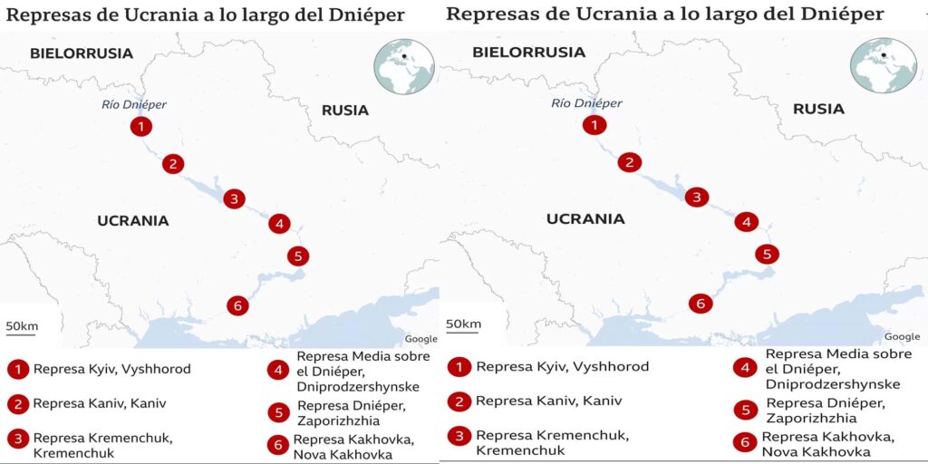 Represa destruida en Ucrania