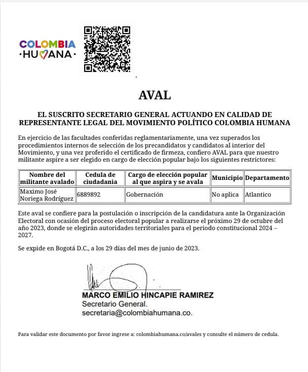 Aval de Colombia Humana a Máximo Noriega que caduco dos horas después de su llegada a la Registraduría. Cortesía Colombia Humana