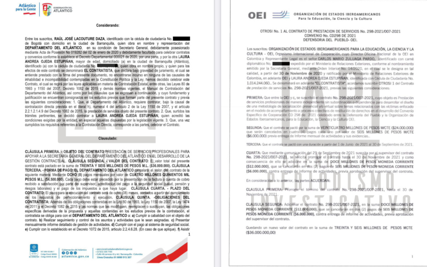 La Libertad de Nicolas Petro no es gratis: Facsimil de contratos de Laura Ojeda con la gobernación del Atlántico y con la OEI. Cortesía API
