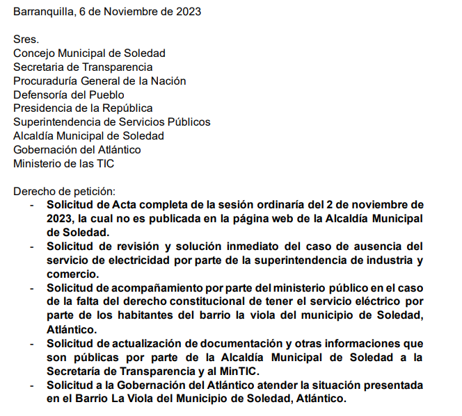 Petición por incumplimiento de la secretaría de Gobierno del Municipio de Soledad