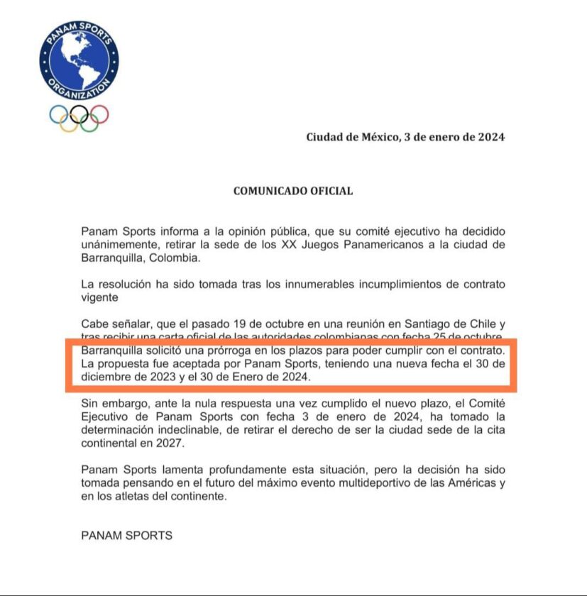 Carta de Panna Sport, decisión de retirar a Barranquilla como sede de los juegos panamericanos 2027