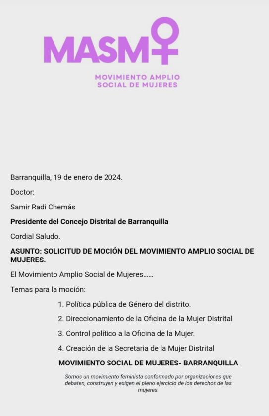 Carta presentada por el Movimiento Social de Mujeres al Presidente del Concejo Distrital, Samir Radi Chemás