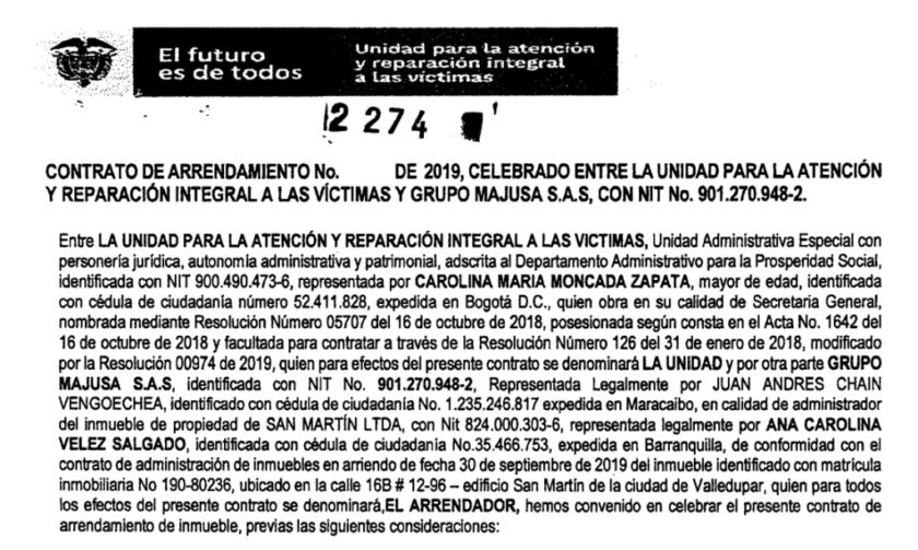 Contrato de arrendamiento entre la Unidad de Víctimas del Cesar y Esposa de Jorge 40