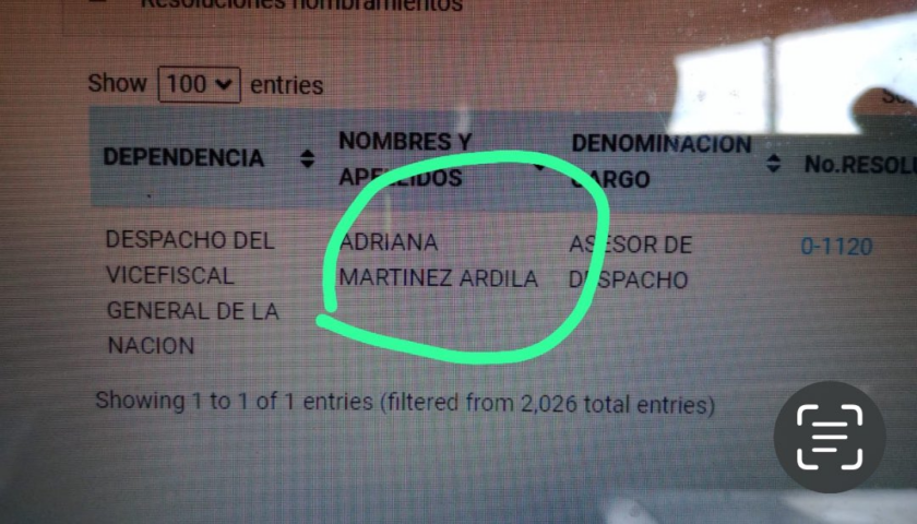 nombramiento oficial que hizo la vicefiscal Martha Mancera a Adriana Martínez Ardila, hermana del narcotraficante del CTI de Buenaventura alias "Pacho Malo"