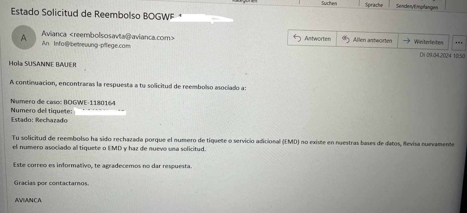 Decisión de reembolso negada por AVIANCA