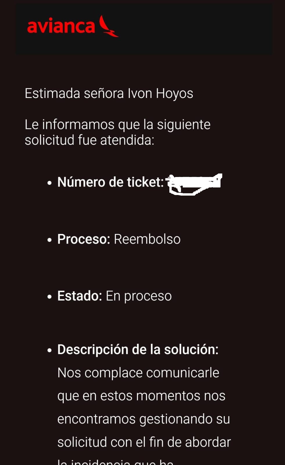 Solicitud de proceso de reembolso cuando estaba activo en activo