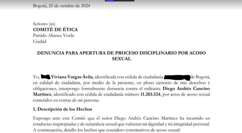 Denuncia que realizó Viviana Vargas ante el Comité de ética del Partido Alianza Verde