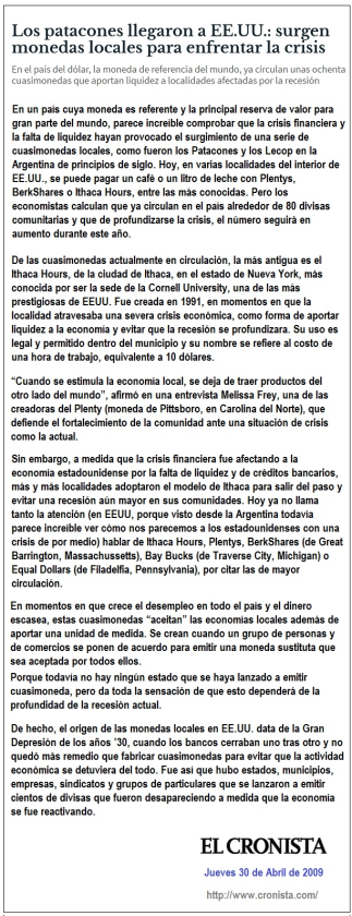 Publicación del diario El Cronista del Jueves 30 de abril de 2009.