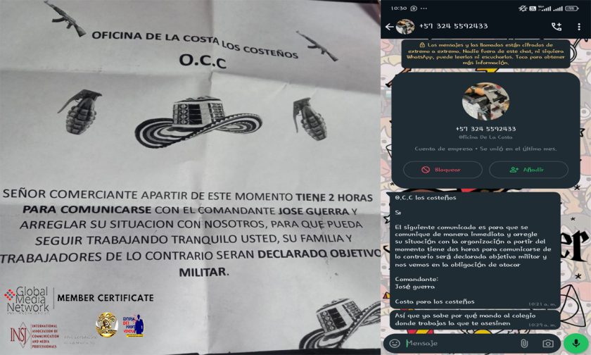 Pruebas de amenazas del Grupo Los Costeños a Colegios en Soledad