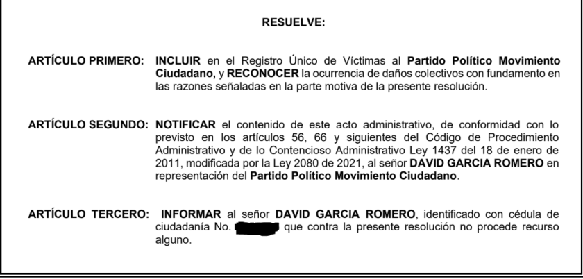 Así resolvió la declaratoria realizada por David García Romero en la cual el Partido Político Movimiento Ciudadano fue incluido en el RUV