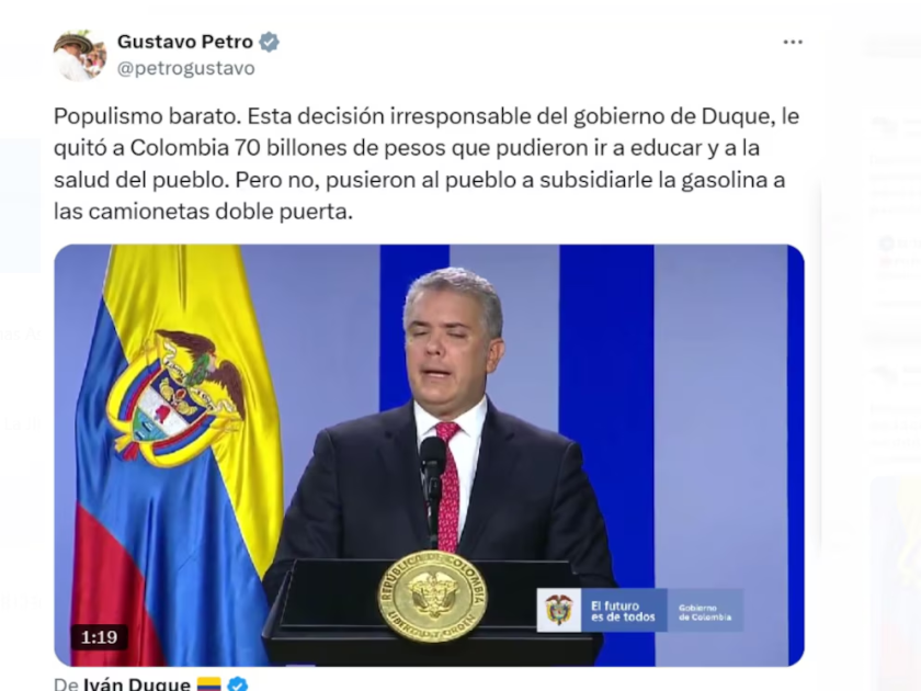 Petro afirmó que el manejo del Fondo de Estabilización de Precios de los Combustibles (Fepc) durante la administración de Duque generó un déficit multimillonario que ahora deben cubrir los ciudadanos - crédito @petrogustavo/X