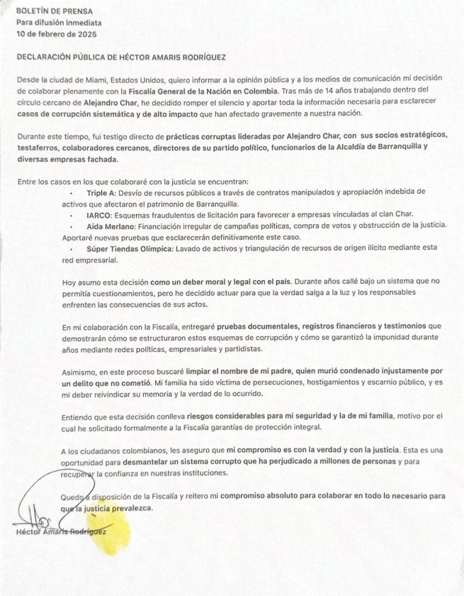 Carta entregada por Héctor Amaris a la Opinión Pública anunciando la entrega de pruebas de corrupción de los Char durante los 14 años a servicio de ellos.