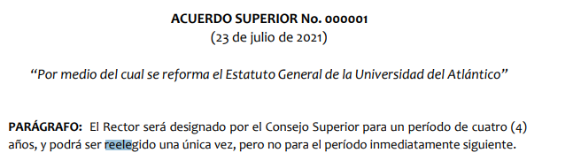 Acuerdo superior que no permite la reelección de Danilo Hernández, actual rector de la Universidad de Atlántico