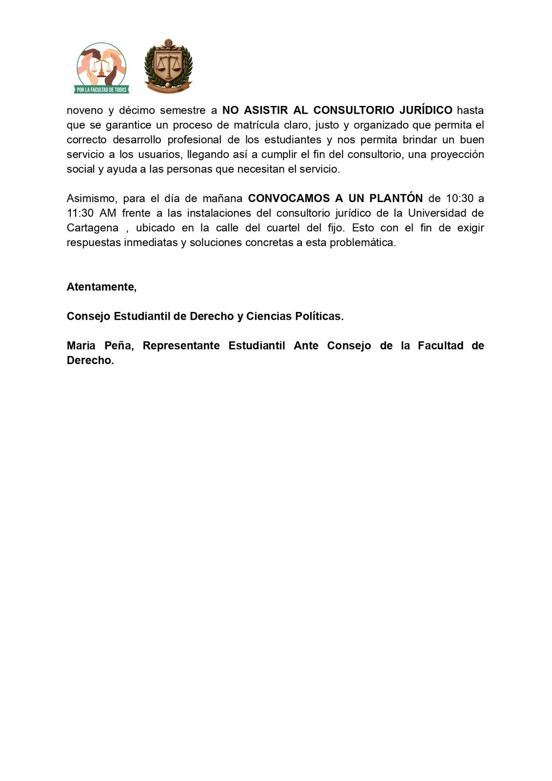 Comunicado a la opinión Pública de la representación estudiantil de la facultad de derecho y ciencias políticas de la Universidad de Cartagena