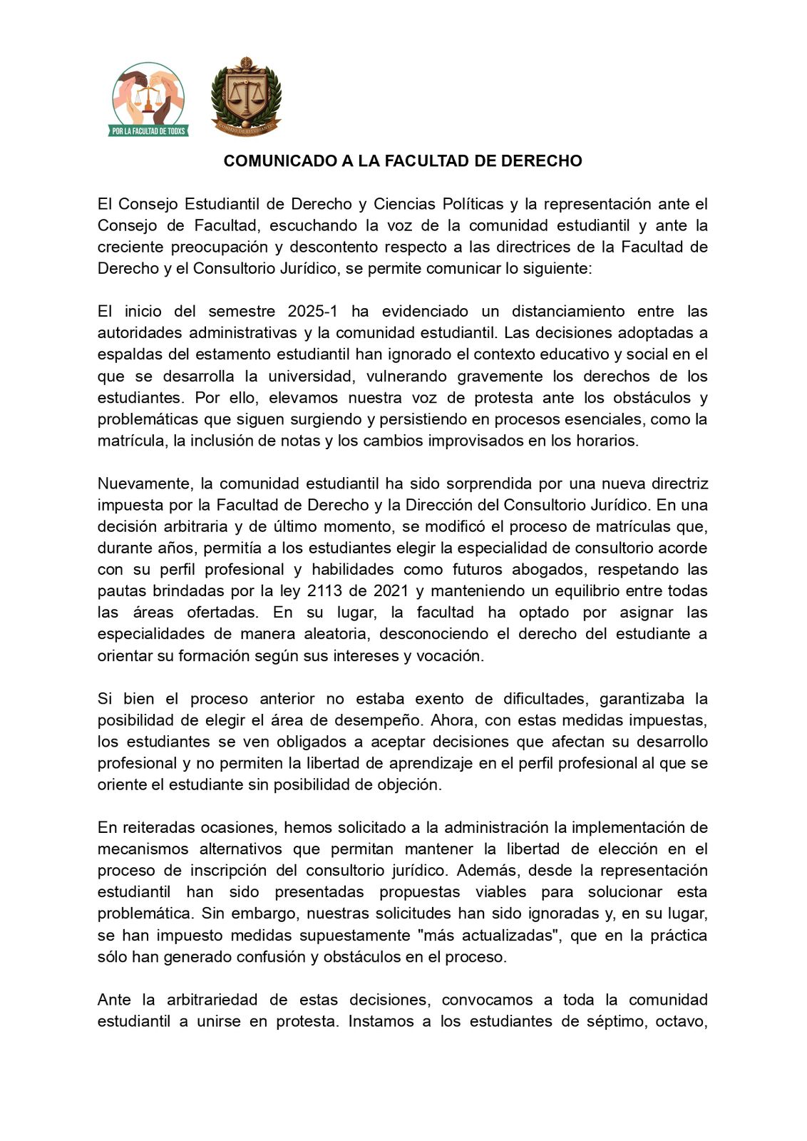 Comunicado a la opinión Pública de la representación estudiantil de la facultad de derecho y ciencias políticas de la Universidad de Cartagena