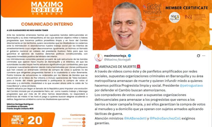 Campaña de Máximo Noriega denuncia amenazas contra líderes progresistas en Barranquilla