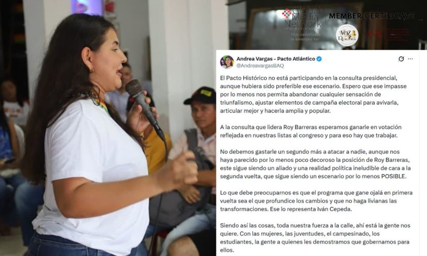 Andrea Vargas denuncia que decisión del CNE contra el Pacto Histórico