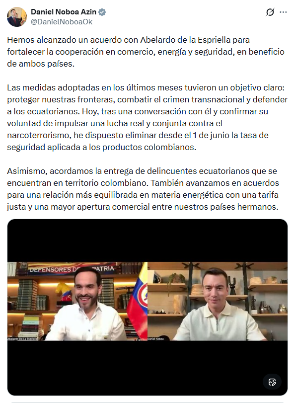 Comunicado publicado por el Presidente de Ecuador, Daniel Noboa sobre acuerdos con Abelardo de la Espriella