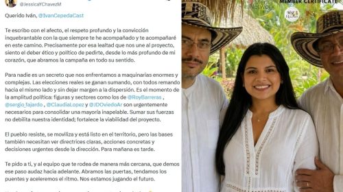 Jessica Chávez pide a Iván Cepeda abrir su campaña y sumar alianzas para fortalecer la segunda vuelta presidencial