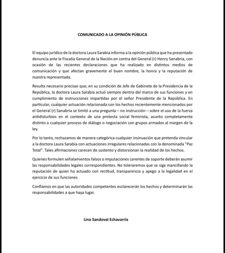 Comunicado del equipo jurídico de Laura Sarabia 