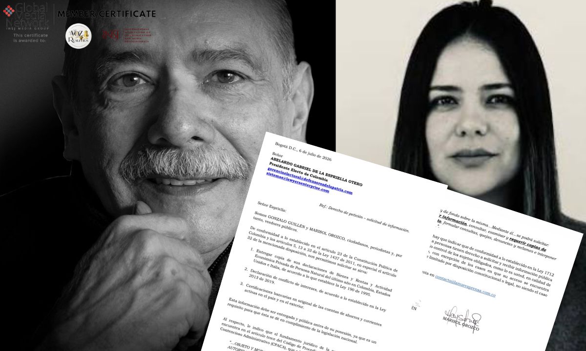 Gonzalo Guillén y Marisol Orozco solicitan al presidente electo Abelardo de la Espriella revelar su declaración de bienes y rentas