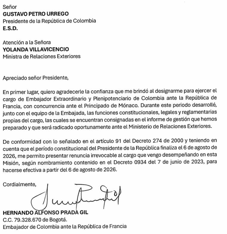 Carta de renuncia de Hernando Alfonso Prada, embajador de Colombia ante la República de Francia