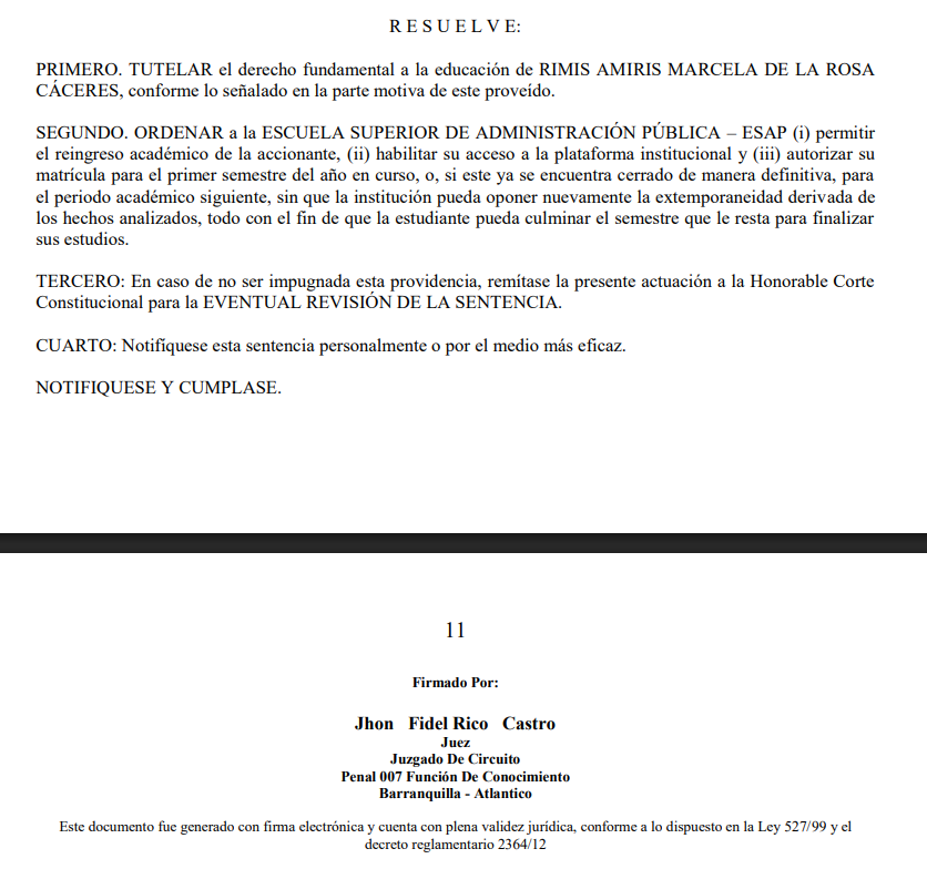 Notificación de un fallo en primera instancia que le permitió ingresar a la estudiante en el periodo 2026-I