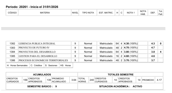 Evidencia de semestre cursado en el periodo 2026-I por parte de la estudiante
