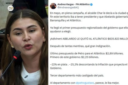 Atlántico perdería $635.823 millones en el presupuesto 2027, denuncia representante Andrea Vargas