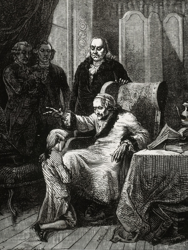 Voltaire (François-Marie Arouet) (1694-1778). Escritor francés de la Ilustración. Voltaire bendice al nieto de Franklin. Grabado. (Foto de PHAS/Universal Images Group vía Getty Images)