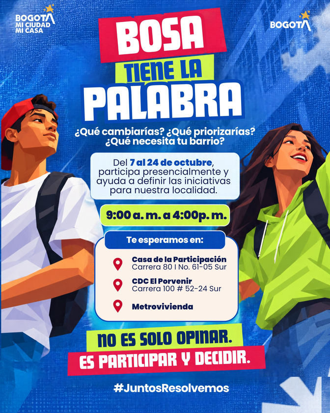 #AquíSíPasa Si pudieras priorizar una iniciativa para Bosa, ¿cuál sería? Del 7 al 24 de octubre, participa presencialmente en el ejercicio de priorización de iniciativas y pon tu voz en las decisiones de nuestra localidad.
Tu idea también puede hacer la diferencia.