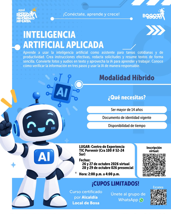 La Alcaldía de Bosa ofrece cursos gratuitos y certificados de ciberseguridad e inteligencia artificial en octubre de 2026. Conoce las fechas y cómo inscribirte