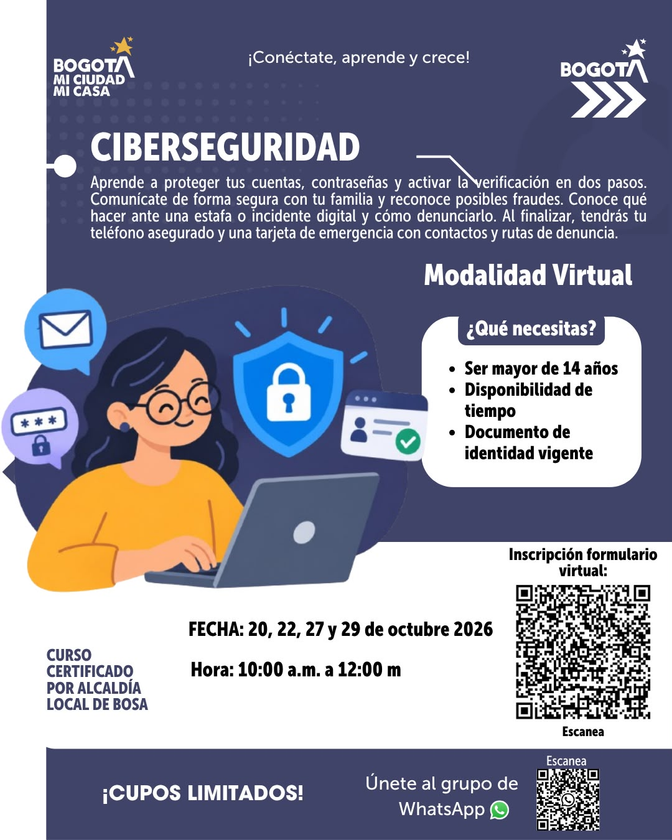 La Alcaldía de Bosa ofrece cursos gratuitos y certificados de ciberseguridad e inteligencia artificial en octubre de 2026. Conoce las fechas y cómo inscribirte