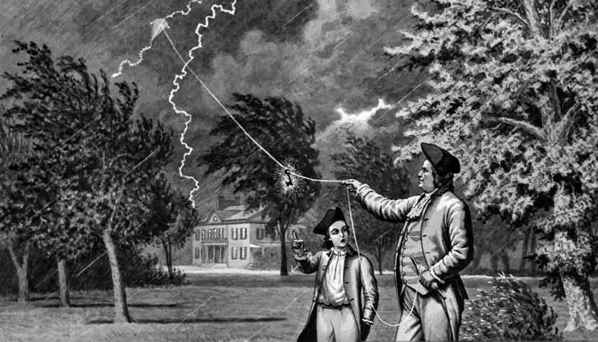 1700s 1752 BENJAMIN FRANKLIN KITE AND KEY ELECTRICITY EXPERIMENT DURING LIGHTNING STORM PHILADELPHIA PENNSYLVANIA (Photo by Shipley/ClassicStock/Getty Images)